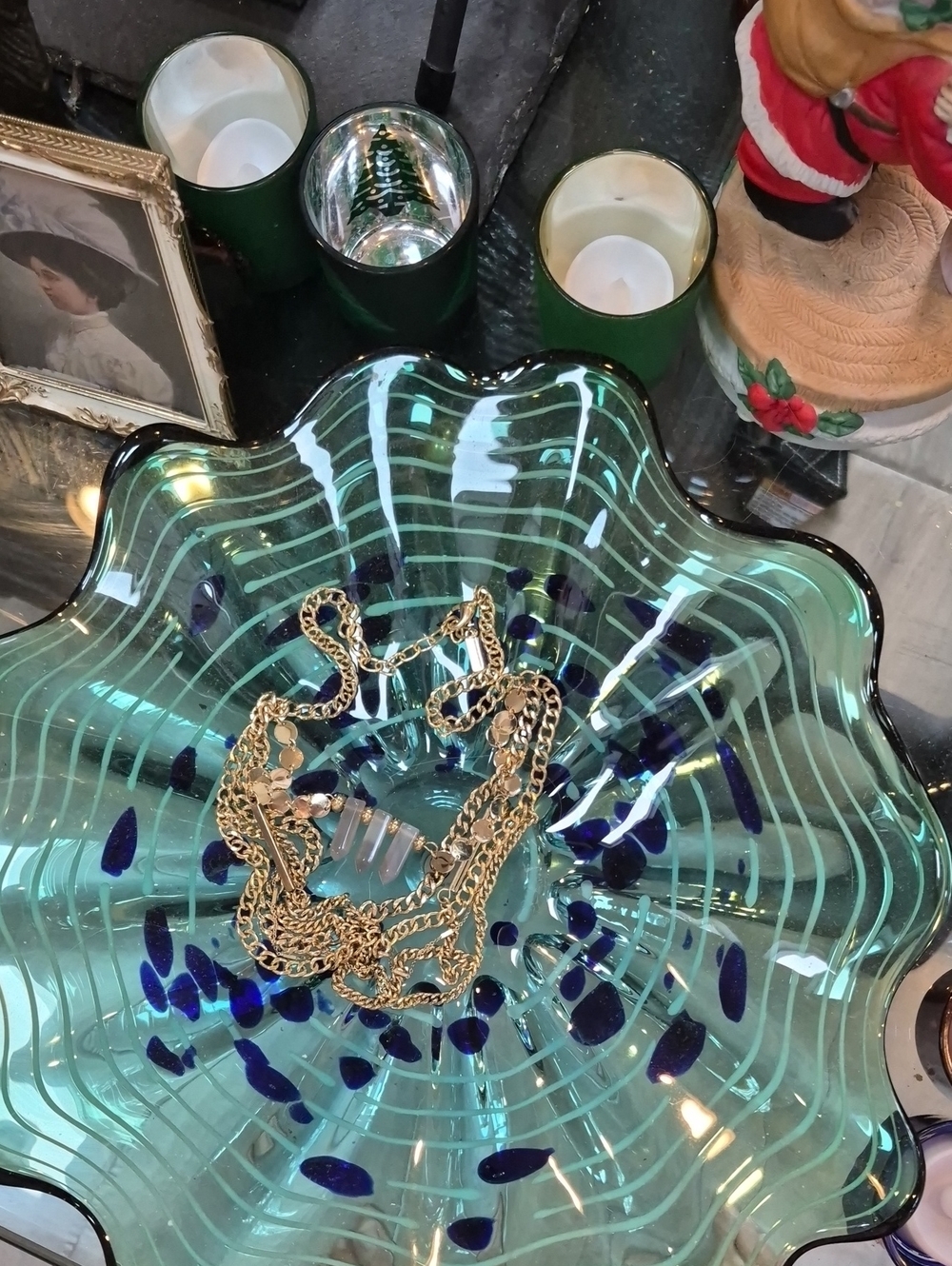 Handblown Teal Glass Decorative Bowl - Elegant Home Art Accent